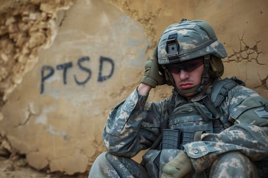 sad soldier and inscription PTSD on the wall, PTSD for post-traumatic stress disorder. Neural network generated image. Not based on any actual scene or pattern.