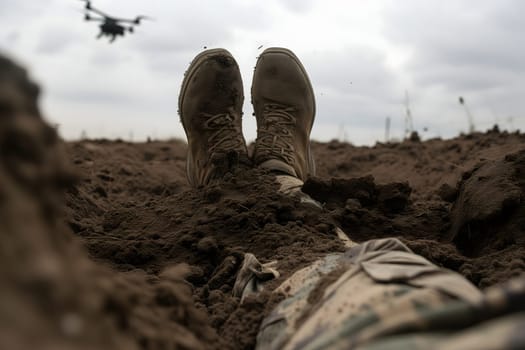 Fallen soldier legs laying on the dirt with flying drone in the sky above. Neural network generated image. Not based on any actual scene or pattern.