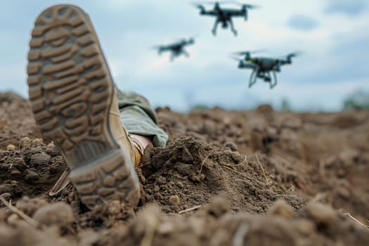 Fallen soldier legs laying on the dirt with flying drones in the sky above. Neural network generated image. Not based on any actual scene or pattern.