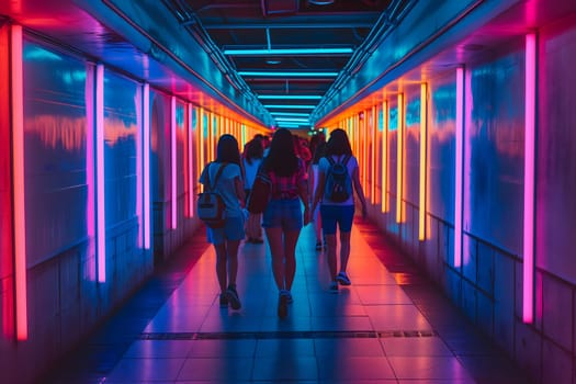 A group of people walking down a hallway with colorful lights. Neural network generated image. Not based on any actual scene or pattern.