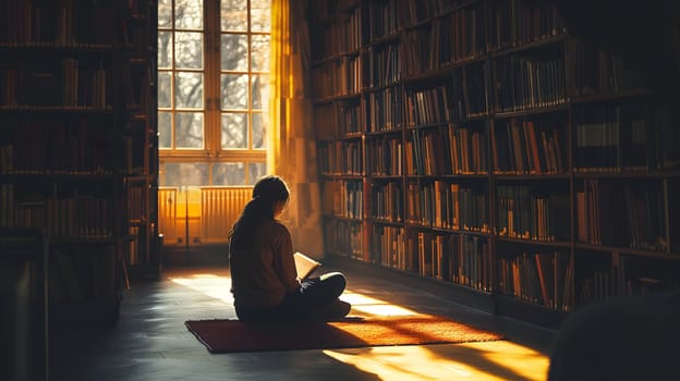 A student in a library, overwhelmed by the books. The towering bookshelves in the background adding to the atmosphere of pressure and academic stress. Neural network generated image. Not based on any actual person or scene.