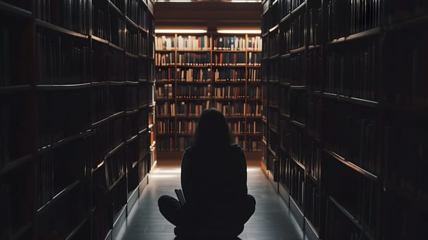 A student in a library, overwhelmed by the books. The towering bookshelves in the background adding to the atmosphere of pressure and academic stress. Neural network generated image. Not based on any actual person or scene.