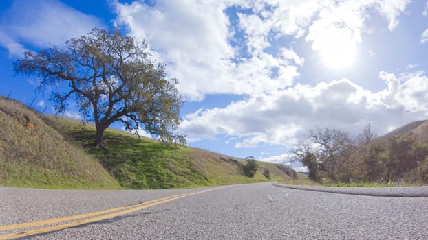 Vehicle is cruising along the Cuyama Highway under the bright sun. The surrounding landscape is illuminated by the radiant sunshine, creating a picturesque and inviting scene as the car travels through this captivating area.