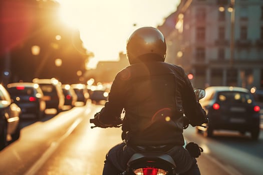 A man rides a motorcycle in city traffic, View from the back, Close-up. Neural network generated image. Not based on any actual scene or pattern.