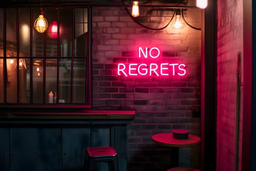 A neon sign that says NO REGRETS on a brick wall. Neural network generated image. Not based on any actual scene or pattern.