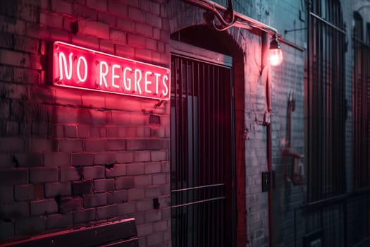 A neon sign that says NO REGRETS on a brick wall. Neural network generated image. Not based on any actual scene or pattern.