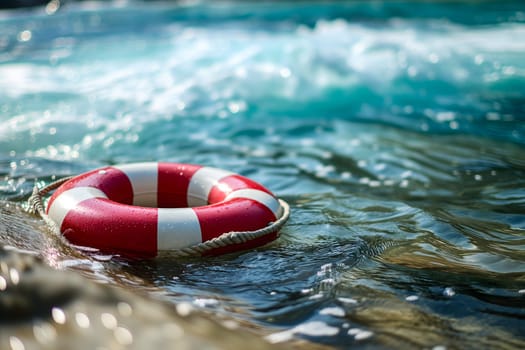 lifebuoy on a beach with surf and clear blue sea in the background. Neural network generated image. Not based on any actual scene or pattern.