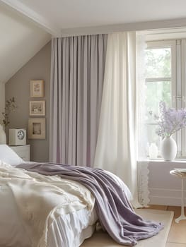 A bedroom with wood flooring, a comfortable bed, and a window adorned with purple curtains. The interior design includes furniture fixtures for a cozy atmosphere