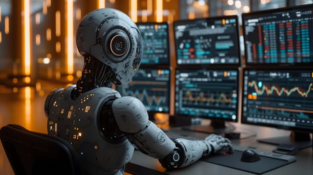 Back view of a financial analyst day trader robot working on computer with many screens that shows real-time stock data. Neural network generated image. Not based on any actual scene or pattern.