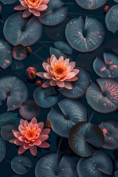 A cluster of water lilies gracefully adorns the ponds surface, their vibrant green petals basking in the light, showcasing the beauty of nature