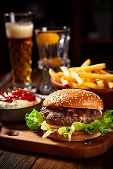 Juicy cheeseburger with fresh lettuce, tomato, and cheese on a toasted bun.