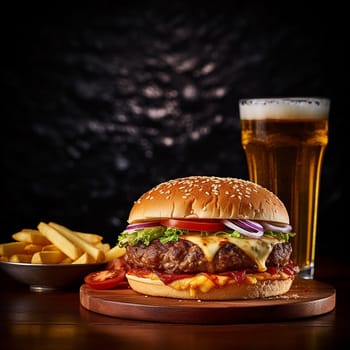 Double cheeseburger with lettuce and tomatoes on a wooden board.