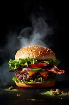 Juicy cheeseburger with fresh lettuce, tomato, and cheese on a toasted bun.