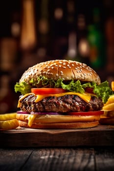 Juicy cheeseburger with fresh lettuce, tomato, and cheese on a toasted bun.