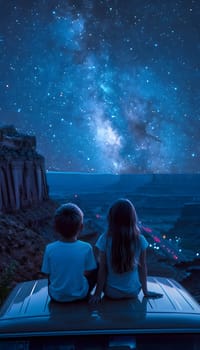 A boy and a girl are sitting on the roof of a car, stargazing in the electric blue sky. Enjoying the beauty of nature and the world around them