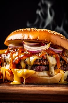 Juicy cheeseburger with fresh lettuce, tomato, and cheese on a toasted bun.