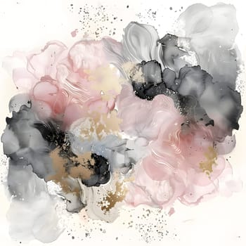 A stunning watercolor painting featuring pink, gray, and gold flowers on a white background, created with delicate brushstrokes and intricate detailing