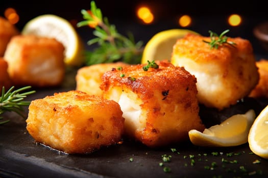 Golden-brown fish pieces garnished with lemon and herbs.