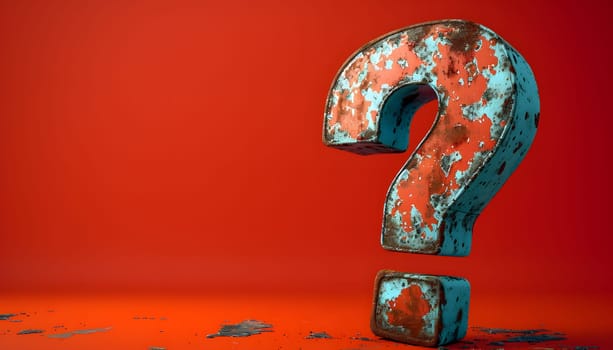 Wooden question mark rests on vibrant red surface in still life photography. Macro shot captures intricate details of font, creating art with electric blue backdrop