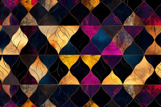 seamless colored geometric pattern, holo-foil, shiny, glistening, made of glass, black, gold, gilded, wallpaper. Neural network generated image. Not based on any actual scene or pattern.