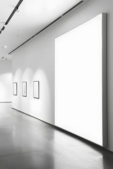 A grey hallway with a large rectangular white billboard as the main fixture on the wood flooring. The monochrome art and glass elements add tints and shades to the monochrome photography