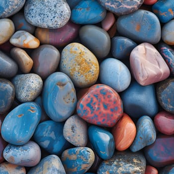 Seamless texture and full-frame background of colorful round beach pebbles with high angle view. Neural network generated image. Not based on any actual scene or pattern.