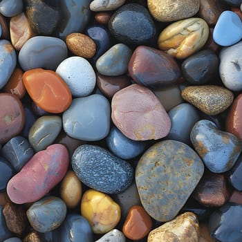 Seamless texture and full-frame background of colorful round beach pebbles with high angle view. Neural network generated image. Not based on any actual scene or pattern.