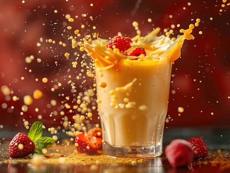 Delicious lassi photography, explosion flavors, studio lighting, studio background well-lit vibrant colors, sharp-focus, high-quality, artistic, unique