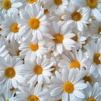 A Lot Of White Yellow Daisies or chamomile flowers - for full-frame background and seamless texture. Neural network generated image. Not based on any actual scene or pattern.