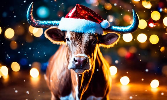 bull in santa's hat year of the ox. Selective focus. animal.