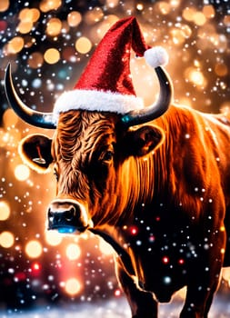 bull in santa's hat year of the ox. Selective focus. animal.