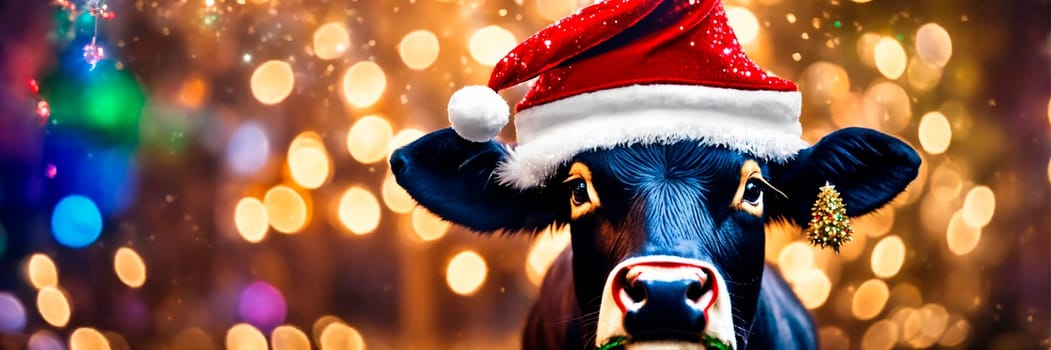 bull in santa's hat year of the ox. Selective focus. animal.