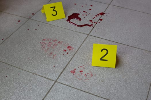 Yellow evidence markers placed on the floor near traces of blood, a bloody shoe print on the floor after a crime
