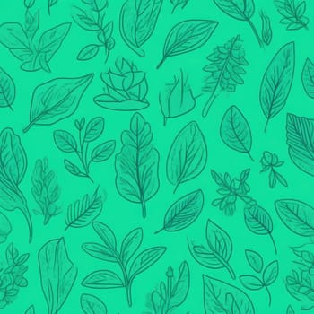 Green background with drawing of leaves and flowers. Drawing is of various types of leaves and flowers, with some of them being large and small. Concept of growth and vitality background. Copy space