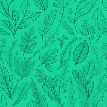 Green background with drawing of leaves and flowers. Drawing is of various types of leaves and flowers, with some of them being large and small. Concept of growth and vitality background. Copy space