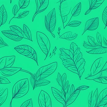 Green background with drawing of leaves and flowers. Drawing is of various types of leaves and flowers, with some of them being large and small. Concept of growth and vitality background. Copy space