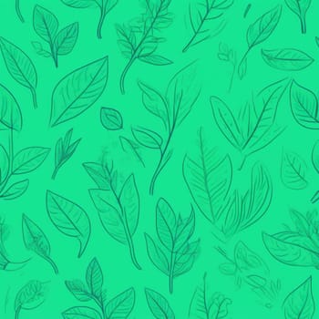 Green background with drawing of leaves and flowers. Drawing is of various types of leaves and flowers, with some of them being large and small. Concept of growth and vitality background. Copy space