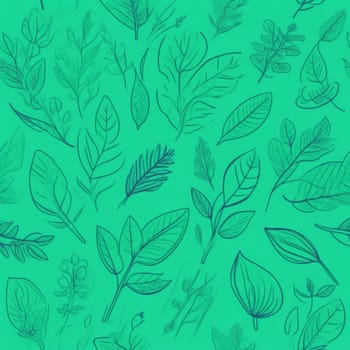 Green background with drawing of leaves and flowers. Drawing is of various types of leaves and flowers, with some of them being large and small. Concept of growth and vitality background. Copy space