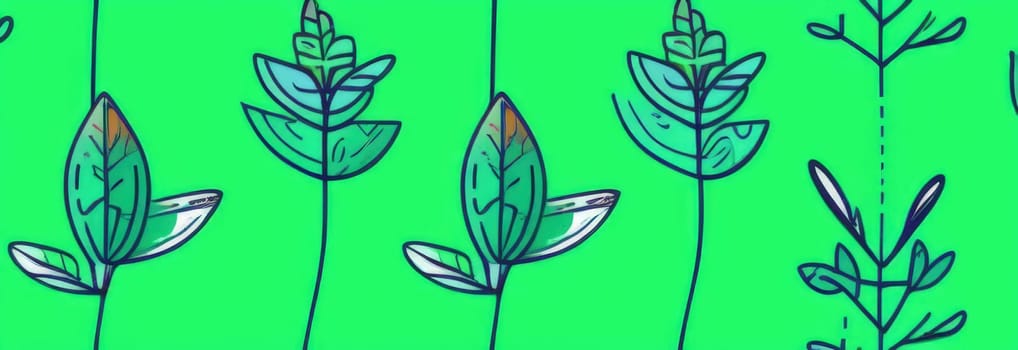 Green background with drawing of leaves and flowers. Drawing is of various types of leaves and flowers, with some of them being large and small. Concept of growth and vitality background. Copy space