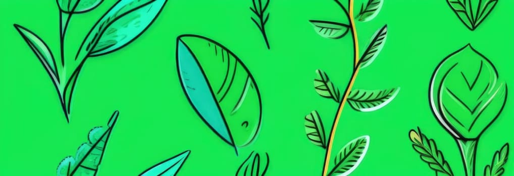 Green background with drawing of leaves and flowers. Drawing is of various types of leaves and flowers, with some of them being large and small. Concept of growth and vitality background. Copy space