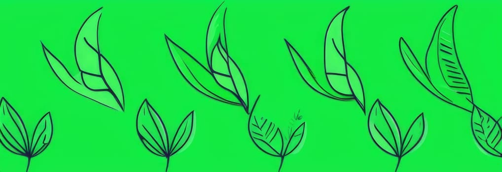 Green background with drawing of leaves and flowers. Drawing is of various types of leaves and flowers, with some of them being large and small. Concept of growth and vitality background. Copy space