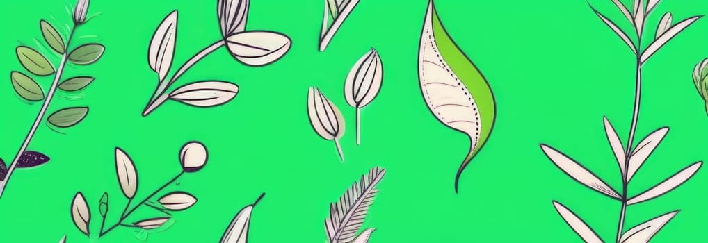 Green background with drawing of leaves and flowers. Drawing is of various types of leaves and flowers, with some of them being large and small. Concept of growth and vitality background. Copy space