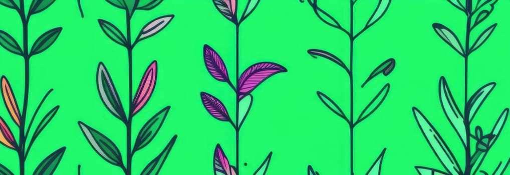 Green background with drawing of leaves and flowers. Drawing is of various types of leaves and flowers, with some of them being large and small. Concept of growth and vitality background. Copy space