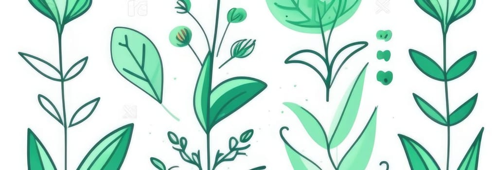 Green background with drawing of leaves and flowers. Drawing is of various types of leaves and flowers, with some of them being large and small. Concept of growth and vitality background. Copy space