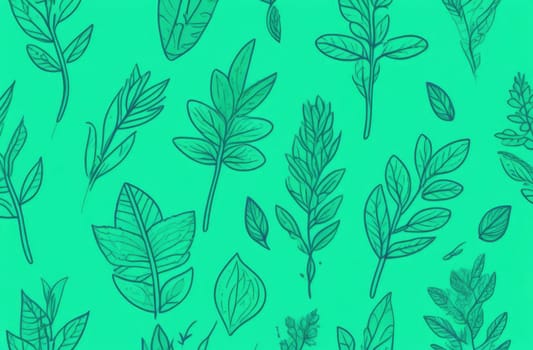 Green background with drawing of leaves and flowers. Drawing is of various types of leaves and flowers, with some of them being large and small. Concept of growth and vitality background. Copy space