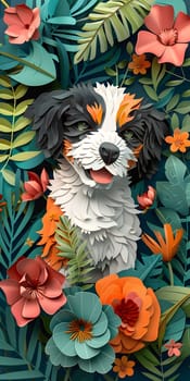 A creative painting of a carnivorous dog surrounded by beautiful flowers and leaves, showcasing the artists love for botany and pets