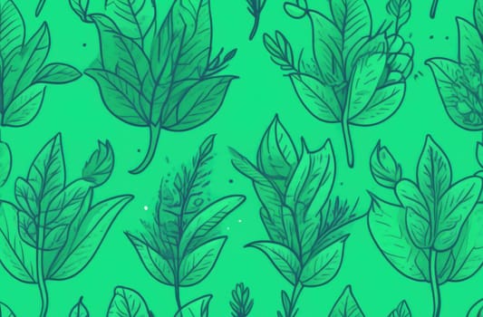 Green background with drawing of leaves and flowers. Drawing is of various types of leaves and flowers, with some of them being large and small. Concept of growth and vitality background. Copy space