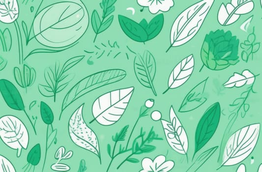 Green background with drawing of leaves and flowers. Drawing is of various types of leaves and flowers, with some of them being large and small. Concept of growth and vitality background. Copy space