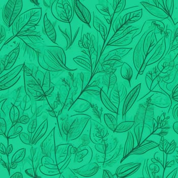 Green background with drawing of leaves and flowers. Drawing is of various types of leaves and flowers, with some of them being large and small. Concept of growth and vitality background. Copy space