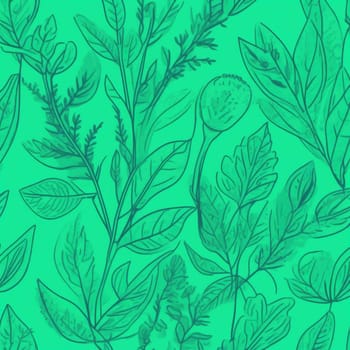 Green background with drawing of leaves and flowers. Drawing is of various types of leaves and flowers, with some of them being large and small. Concept of growth and vitality background. Copy space